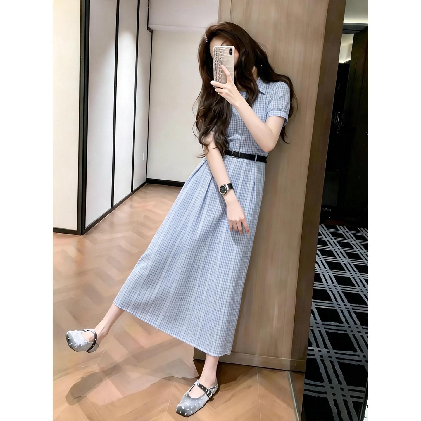 法式蓝色格子衬衫连衣裙女2026