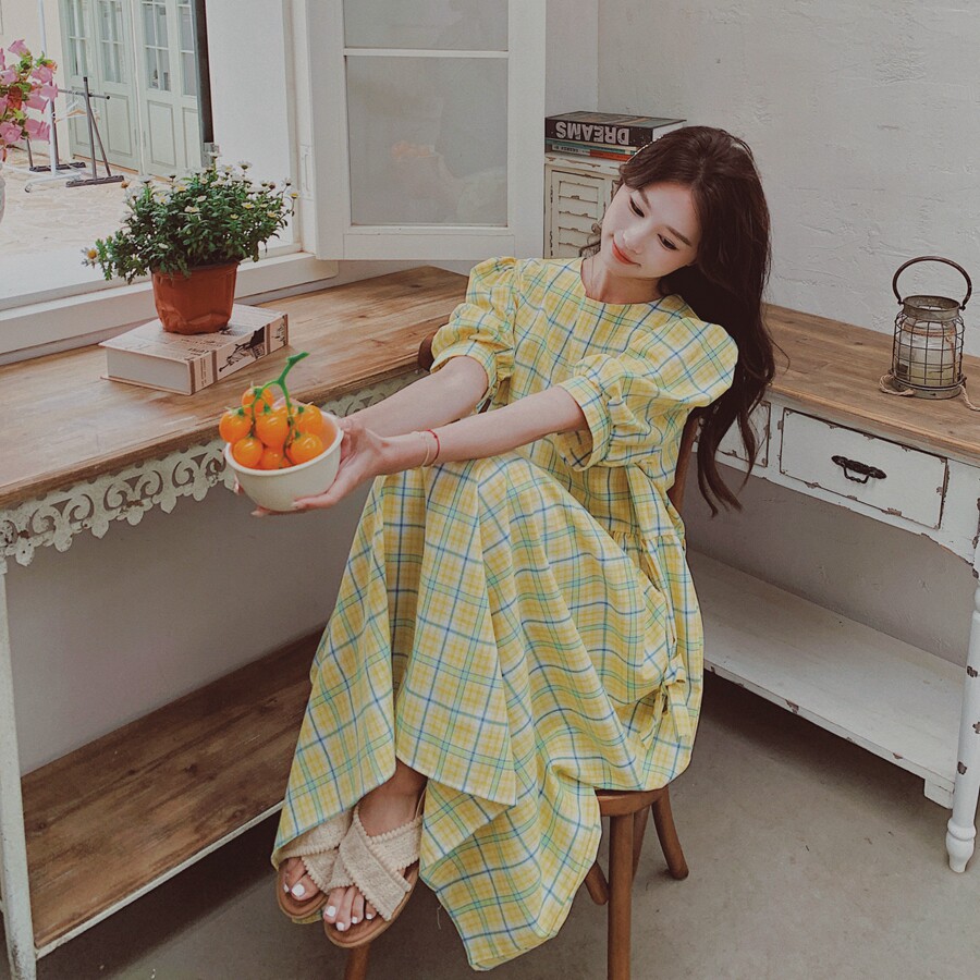 法式复古格纹泡泡袖连衣裙女2025夏季新款韩版宽松显瘦茶歇长裙子,女装连衣裙,2C137
