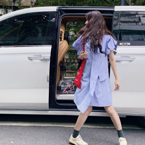 学院风韩系减龄蓝色条纹连衣裙女夏不规则设计感小众大方得体休闲图片