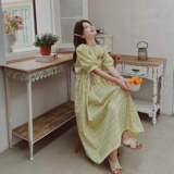 法式复古格纹泡泡袖连衣裙女2025夏季新款韩版宽松显瘦茶歇长裙子，女装连衣裙，2C137