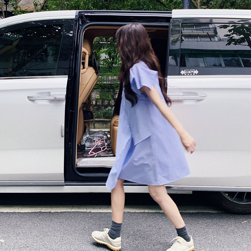 法式甜美不规则条纹连衣裙女2025夏季新款韩版收腰显瘦气质中长裙,女装连衣裙,2C137