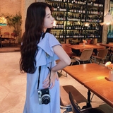 学院风韩系减龄蓝色条纹连衣裙女夏不规则设计感小众大方得体休闲，女装连衣裙，2C137