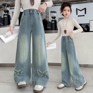 女童水洗牛仔阔腿裤蝴蝶刺绣