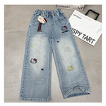 春装女童裤子牛仔裤2025新款秋季包腰绣花直筒kt猫阔腿裤