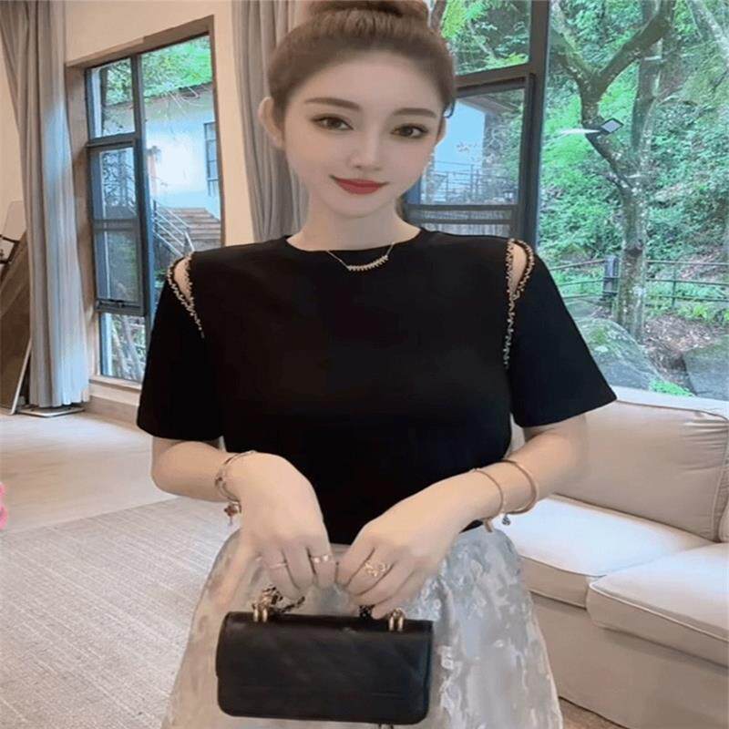 欧洲站圆领镶钻露肩短袖T恤女2026年夏季新款打底衫修身显瘦上衣