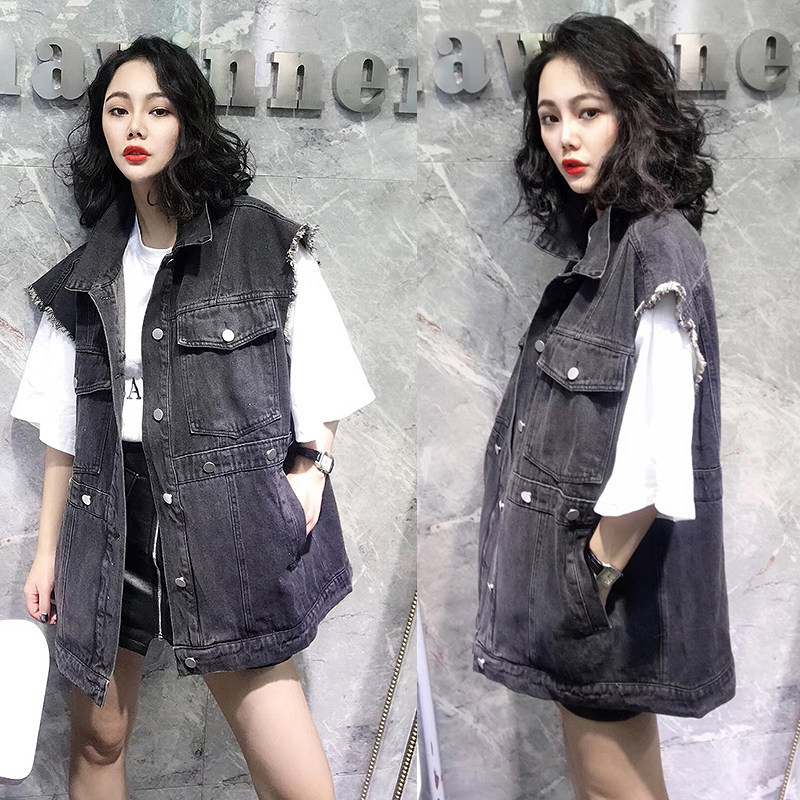 欧洲站胖mm春秋新款毛边水洗牛仔马甲女宽松大码马夹韩版外套上衣