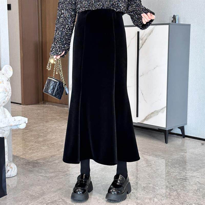 欧洲站大码高腰丝绒半身裙女2025年冬季新款胖MM气质高级感鱼尾裙
