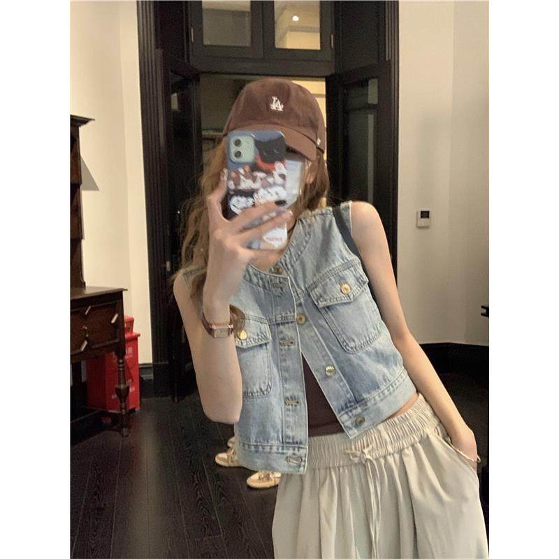 欧洲站复古短款牛仔背心马甲外套女2025年新款宽松无袖坎肩上衣潮