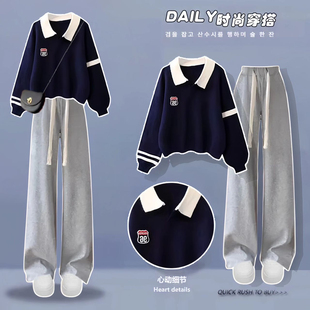 女童春秋季新款长袖polo领少女卫衣冬初高中生加绒加厚学院两件套