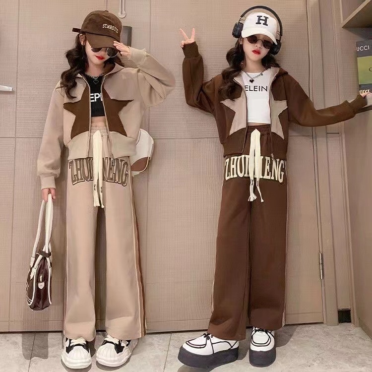 2025春秋新款连帽拉链卫衣女童套装韩版运动休闲少女初中生两件套