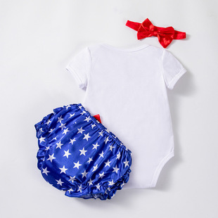 跨境新款美国独立日宝宝衣服卡通字母短袖哈衣pp裤套装 厂家