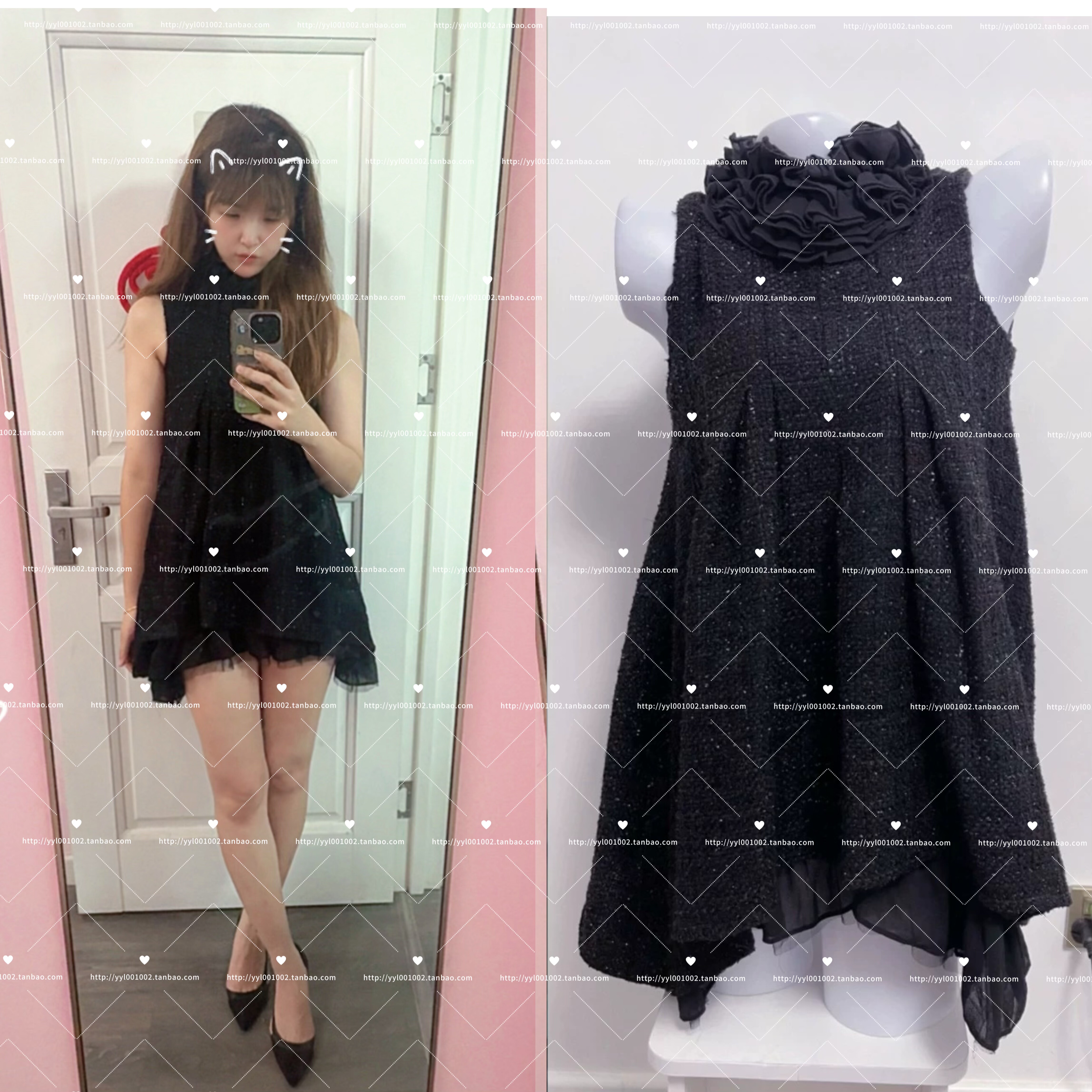 名媛气质小香风系带花朵褶皱流苏边连衣裙A字背心裙上衣淑女