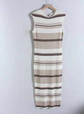 外贸加拿大单th*e条纹针织连衣裙圆领无袖修身春秋坑条长裙打底裙