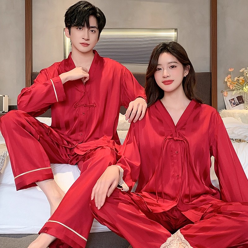 真丝睡衣结婚新婚情侣套装加肥大码男女红色新郎新娘桑蚕丝家居服