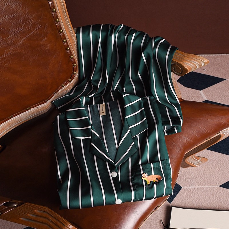 维多利亚夏季真丝睡衣女长袖情侣条纹家居服男春秋桑蚕丝两件套装