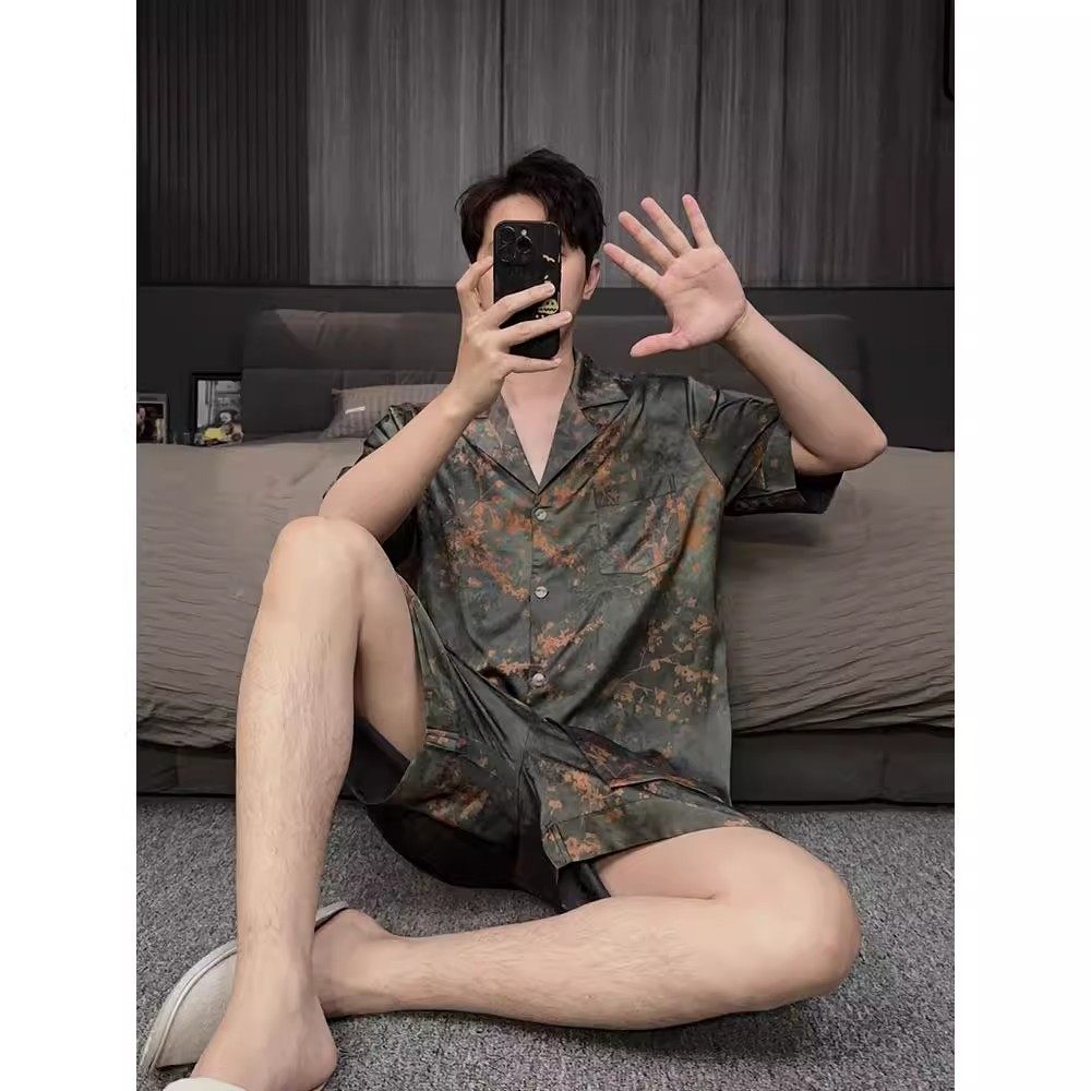 维多利亚男士睡衣夏季短袖短裤桑蚕丝薄款真丝居家服套装加肥加大