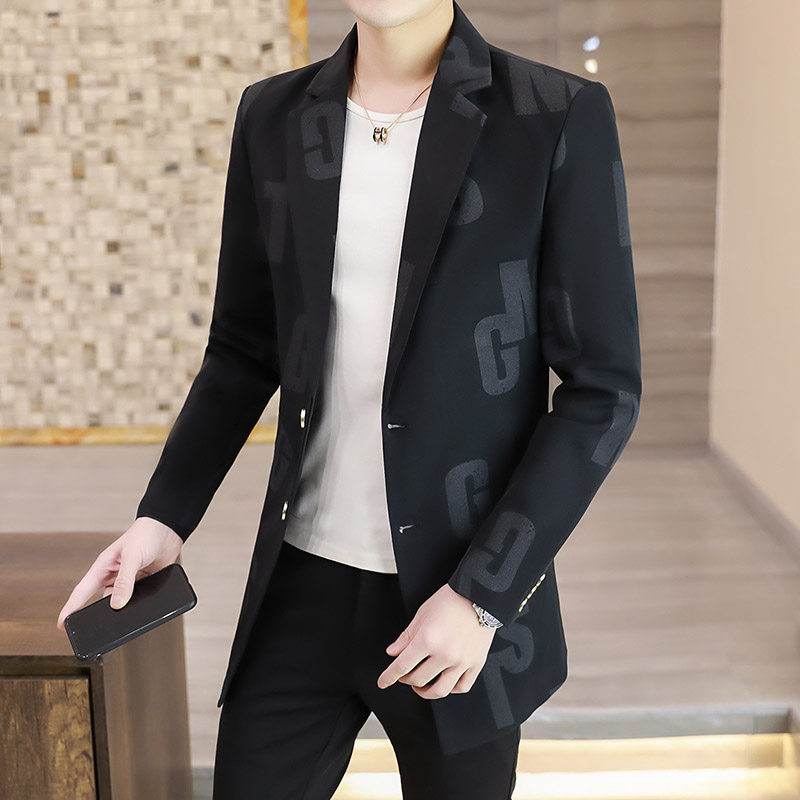 风衣男韩版中长款西装春季新款2021新款炸街痞帅气印花西服外套潮