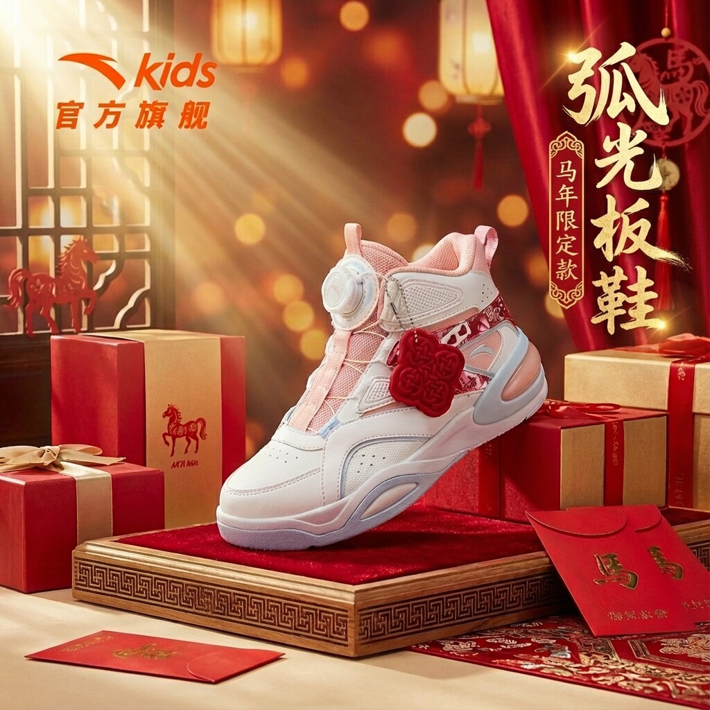 安踏儿童运动鞋女童鞋2026马年新年款红色弧光高帮板鞋休闲鞋男童