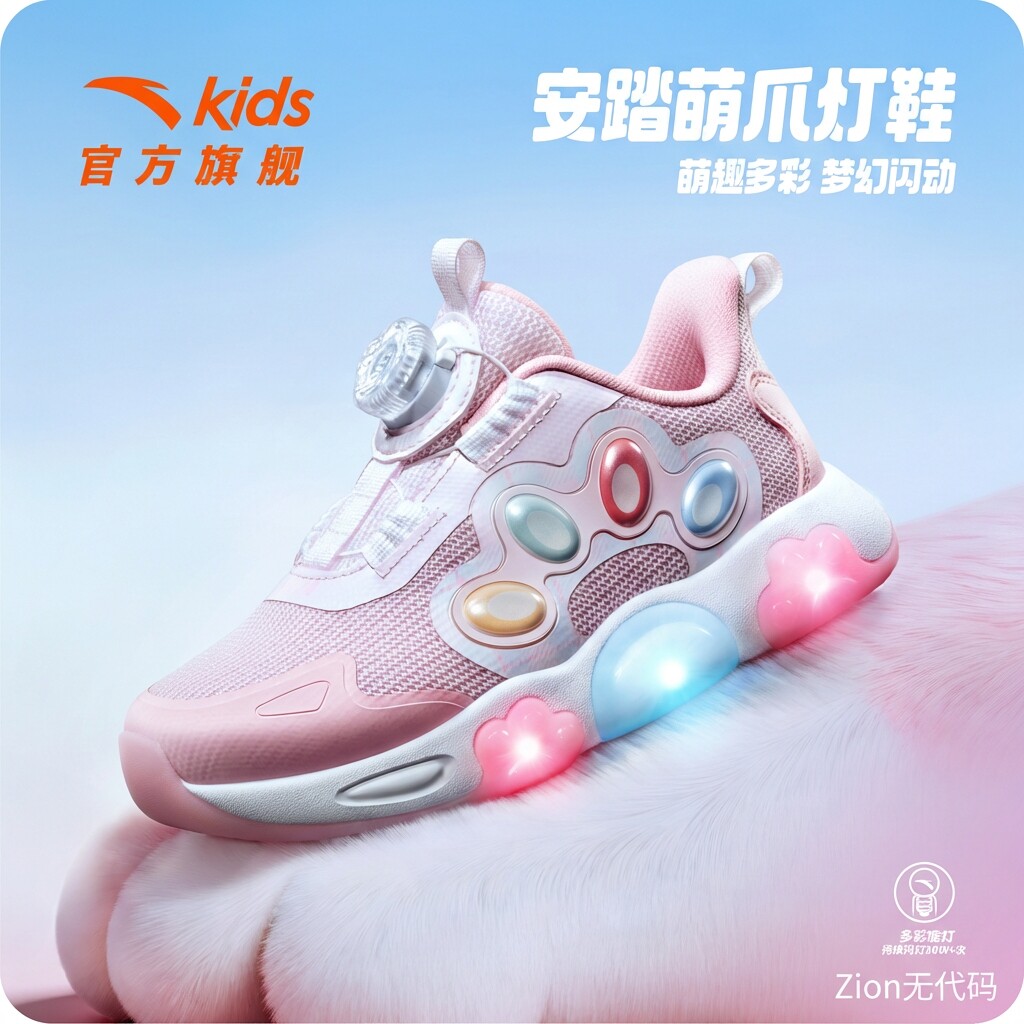 安踏儿童运动鞋女小童鞋2026年春季新款软弹舒适闪灯鞋旋钮童鞋