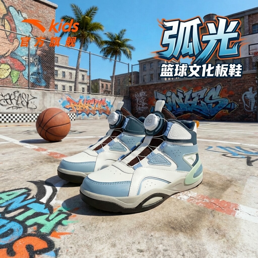 安踏儿童篮球文化板鞋运动鞋2026春季新款潮流中大童旋钮扣高帮板