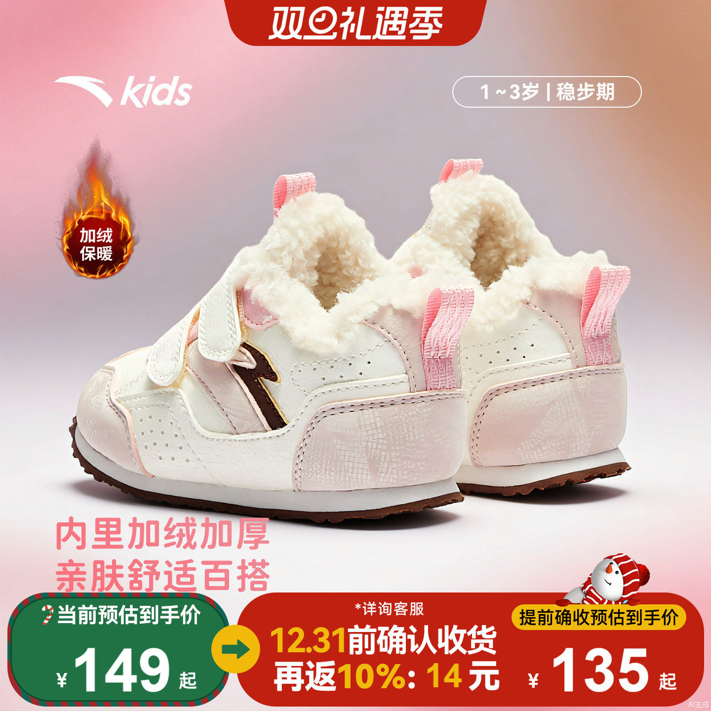 安踏学步鞋女宝宝二阶段秋冬新款加绒童鞋幼儿园鞋包头软底运动鞋