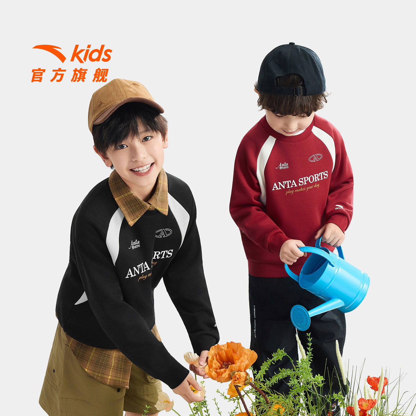 安踏儿童卫衣男童套头衫2026年春秋新款红色中大童加绒运动卫衣