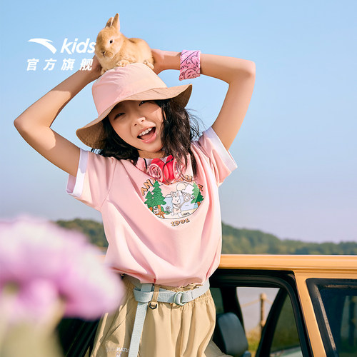 安踏儿童女大童针织短袖衫