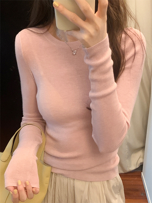 粉色羊绒针织打底衫春秋冬季女修身内搭温柔圆领薄款显瘦毛衣上衣