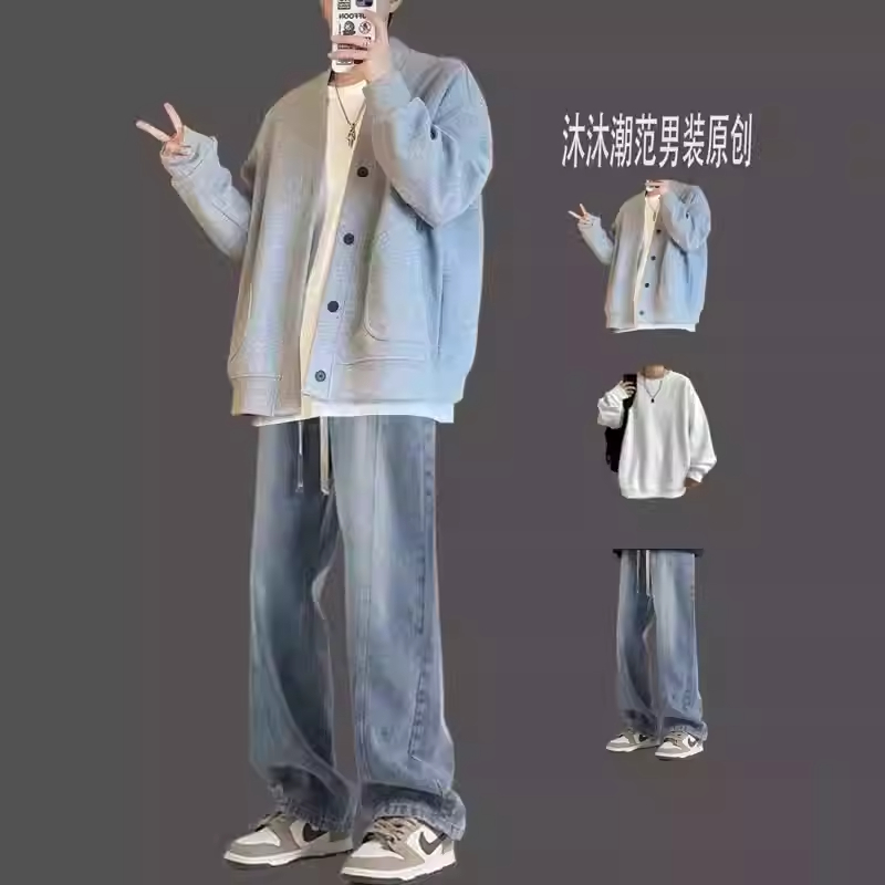 美式高街华夫格休闲针织开衫卫衣