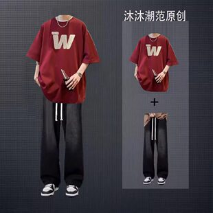 嘻哈欧美风上衣休闲短袖套装男夏季T恤男装一套搭配ins潮流牛仔裤