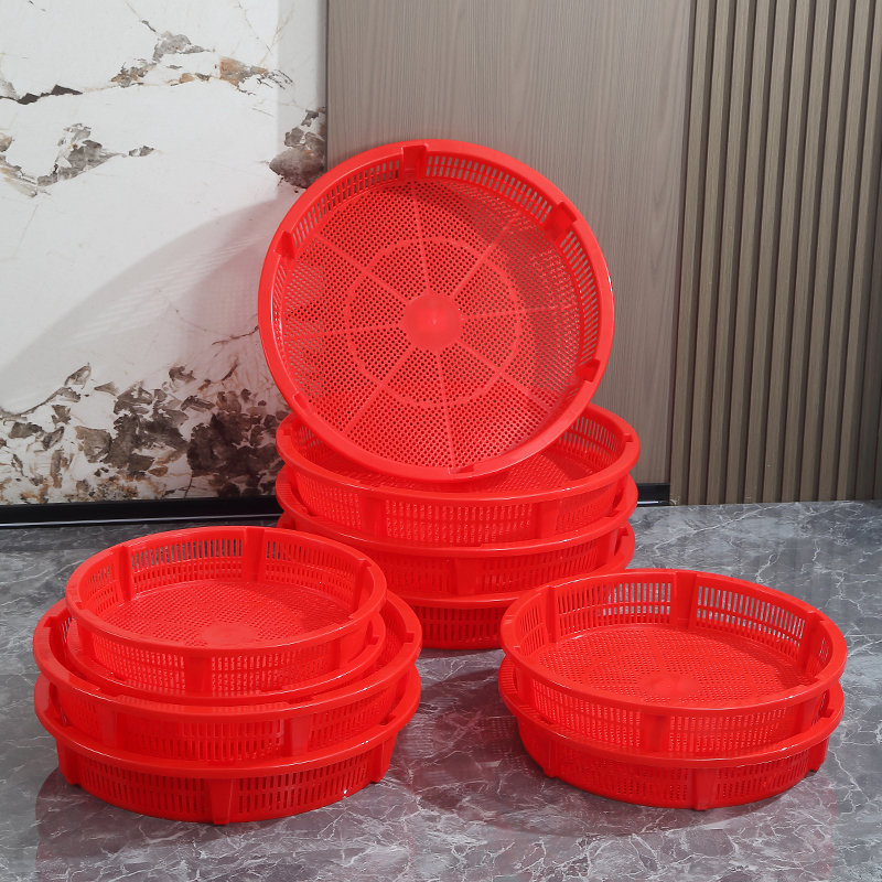 大红塑料圆形沥水筛箩簸箕筐晾晒干货框过滤海鲜鱼虾炊粿卷多用途
