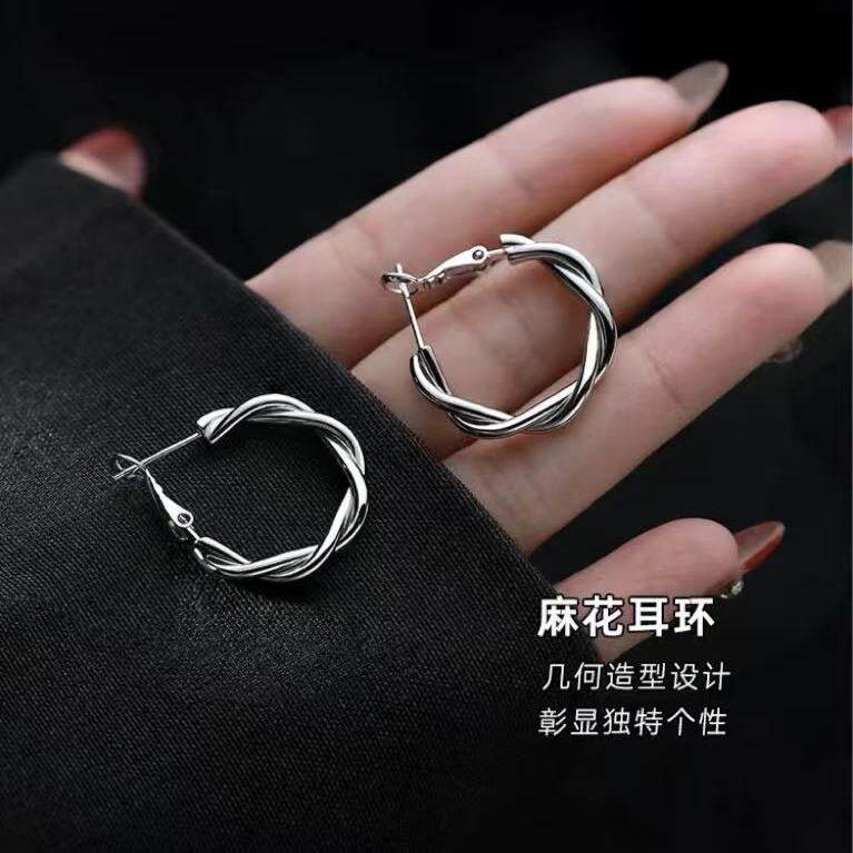 明星同款S999银针麻花耳圈耳环高级感气质网红素圈欧美耳环耳扣耳