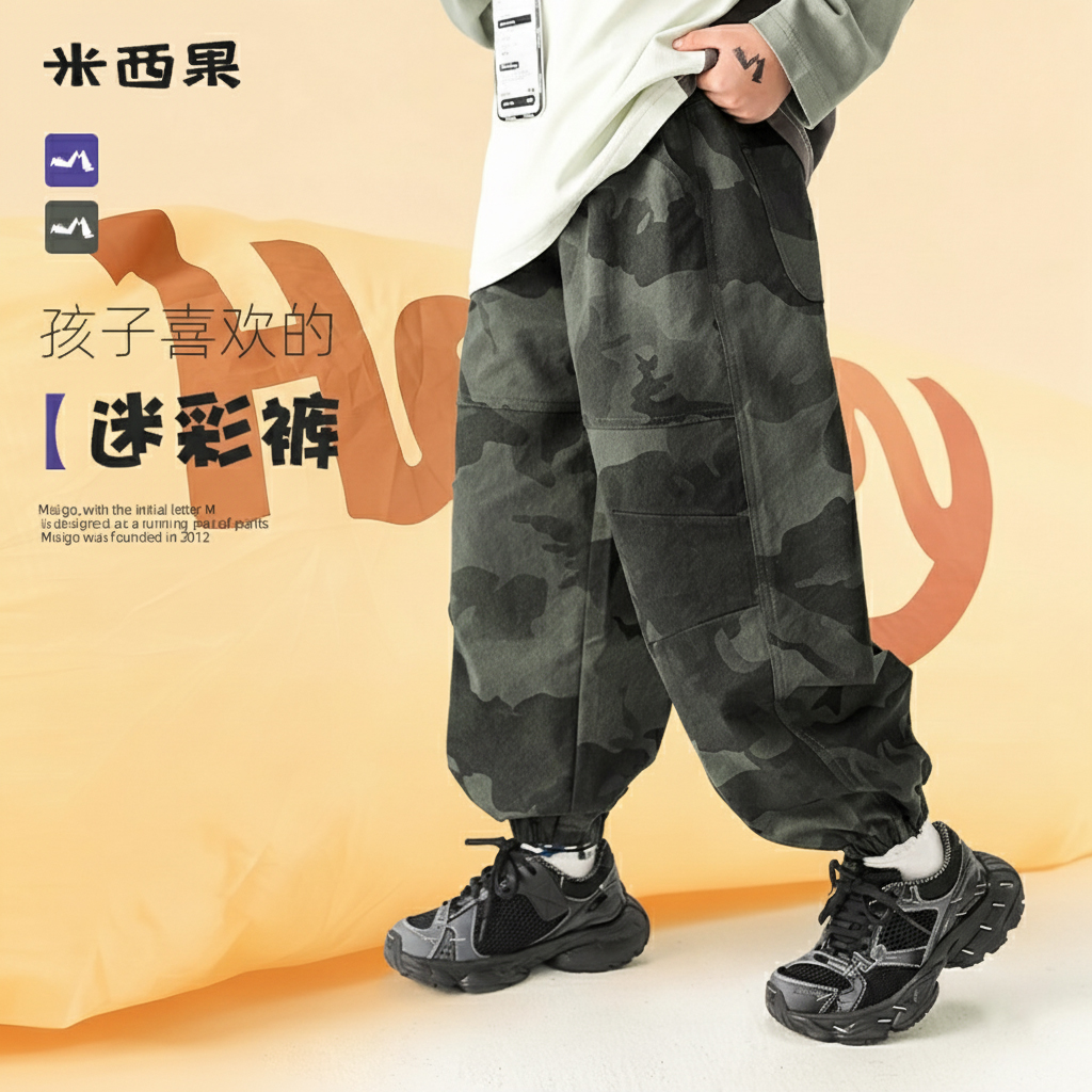 米西果儿童长裤男童裤子小男孩2025新款迷彩工装裤大童秋季休闲裤