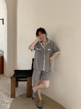 夏季日系少女格子蕾丝拼接慵懒简约舒适短袖短裤宽松家居睡衣套装
