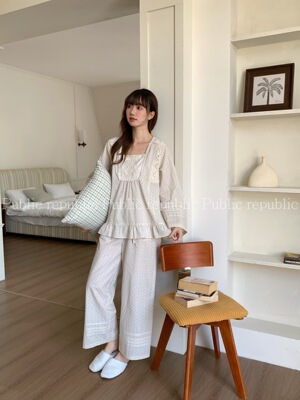 Publicrepublic韩系甜美梭织棉方领刺绣花边优美舒适四季款家居服