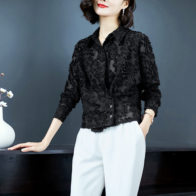 黑色长袖衬衫女短款2026春季新款气质性感透视显瘦衬衣上衣小外套