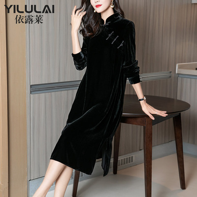 复古改良旗袍式真丝金丝绒四十多岁穿的连衣裙女2026新款春装长袖