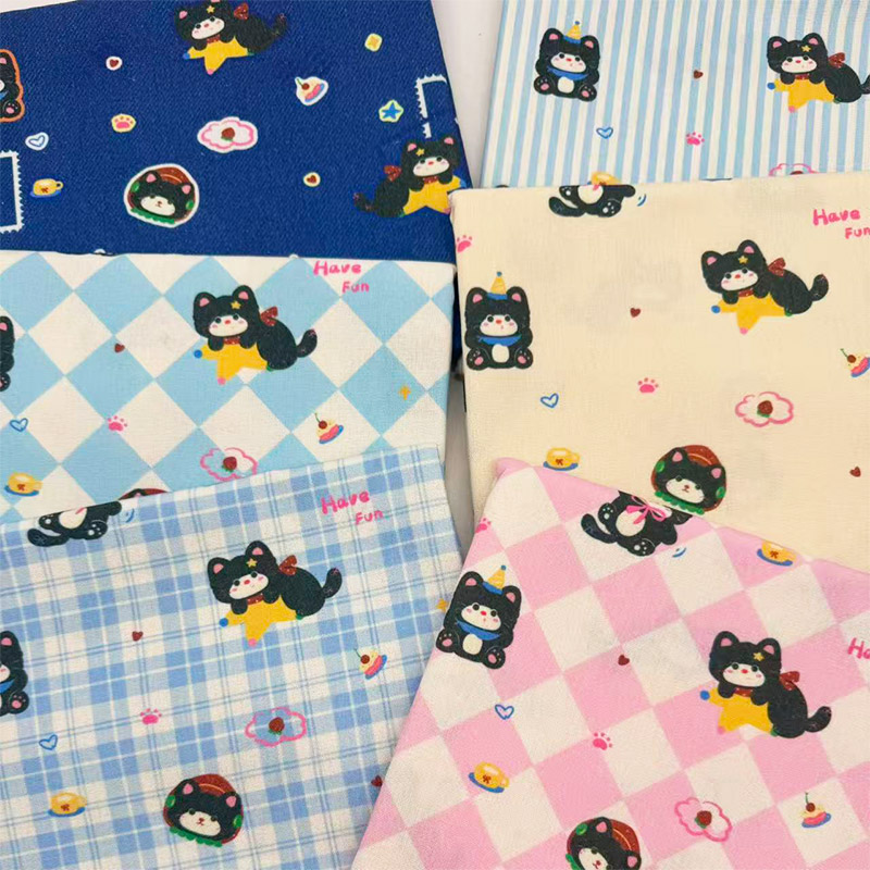 原创版权韩系马卡龙格纹黑猫卡通加密棉麻布料diy手工布桌布包包