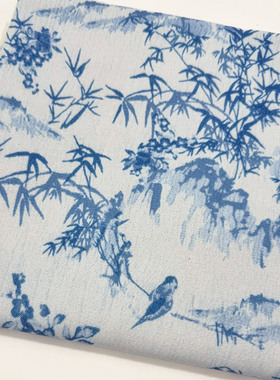 国风中式蓝色竹林印花布加密棉麻布料装饰桌布面料沙发盖布diy布