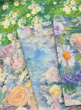 美式油画绚烂花朵印花布加密棉麻布料桌布面料diy装饰布头门帘布