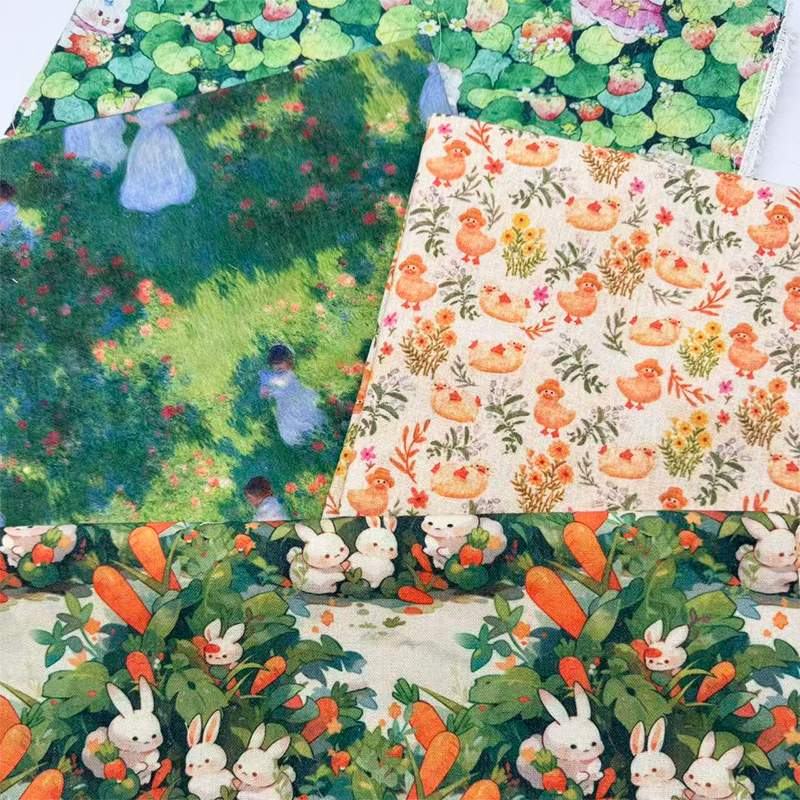 原创卡通森系印花布加密棉麻布料diy手工布头包包猫窝布装饰桌布