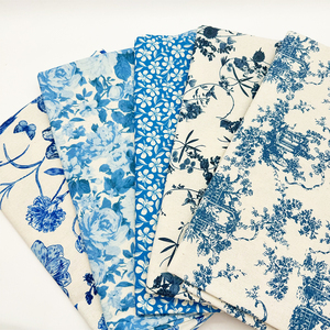 中国风靛蓝青花瓷花纹加密棉麻布料桌布沙发窗帘面料diy环创布头