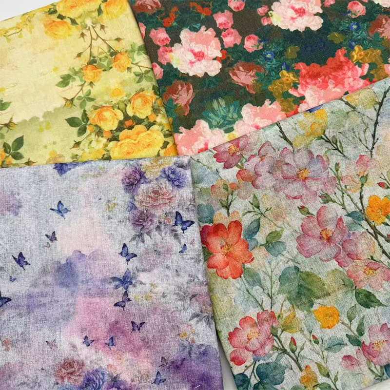 油画风植物花卉印花面料加密棉麻布料装饰桌布包包布diy手工布头