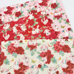 国风萌趣风印花布加密棉麻布料装饰布桌布面料diy手工布头窗帘布