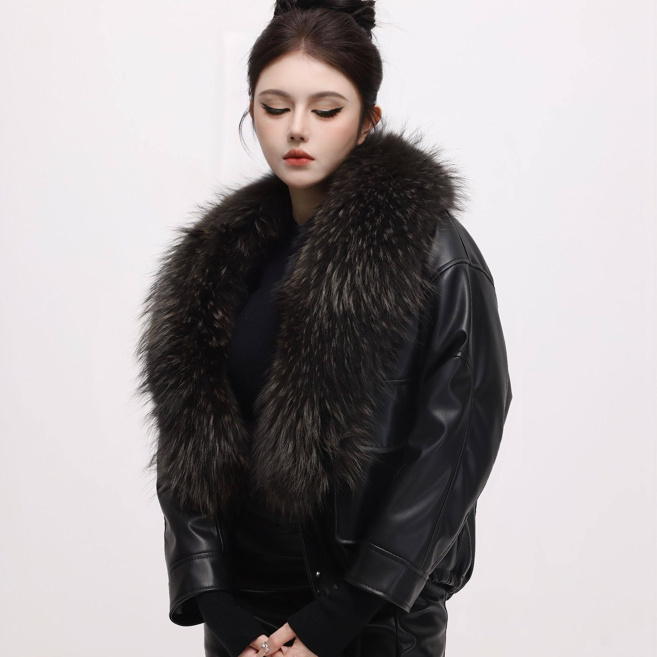 NIMOSHI【高定】韩系轻奢大毛领高级机风拼接气质时尚外套D0098