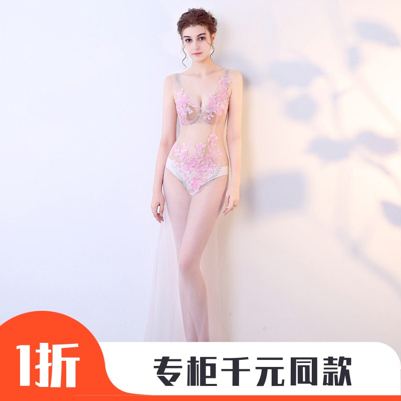 桑拿KTV工作服性感透视装礼服晚装蕾丝镂空透明深V领长款演出服
