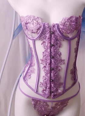 DJ迪吧DS气氛组酒吧纯欲风紫色蕾丝鱼骨束腰性感内衣套装丝内衣