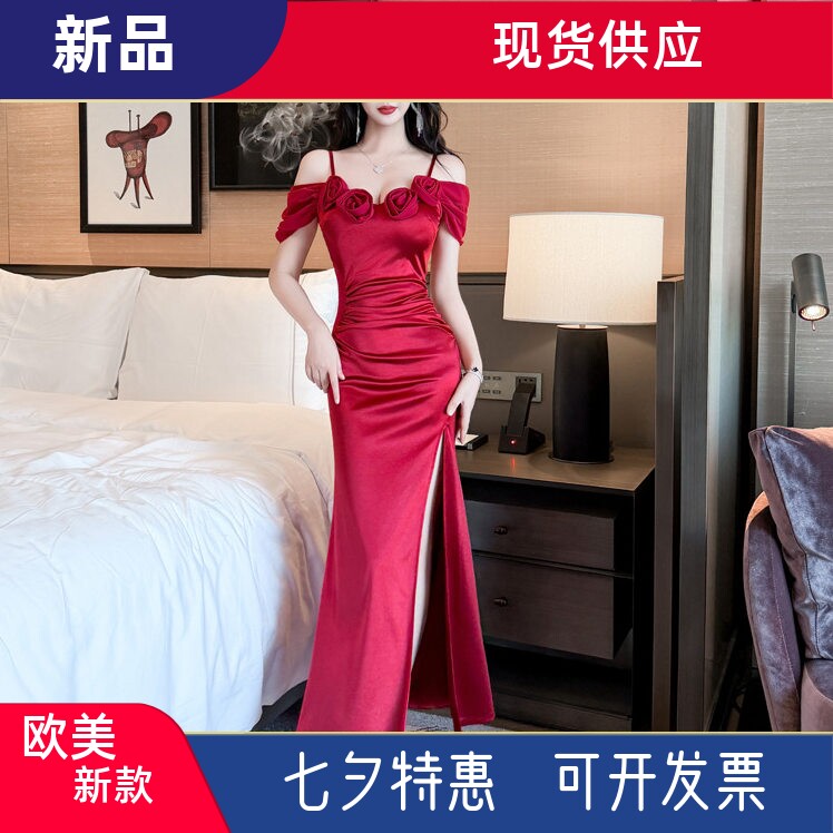夏新款吊带裙夜店主播性感低胸开叉长款吊带礼服玫瑰花连衣裙