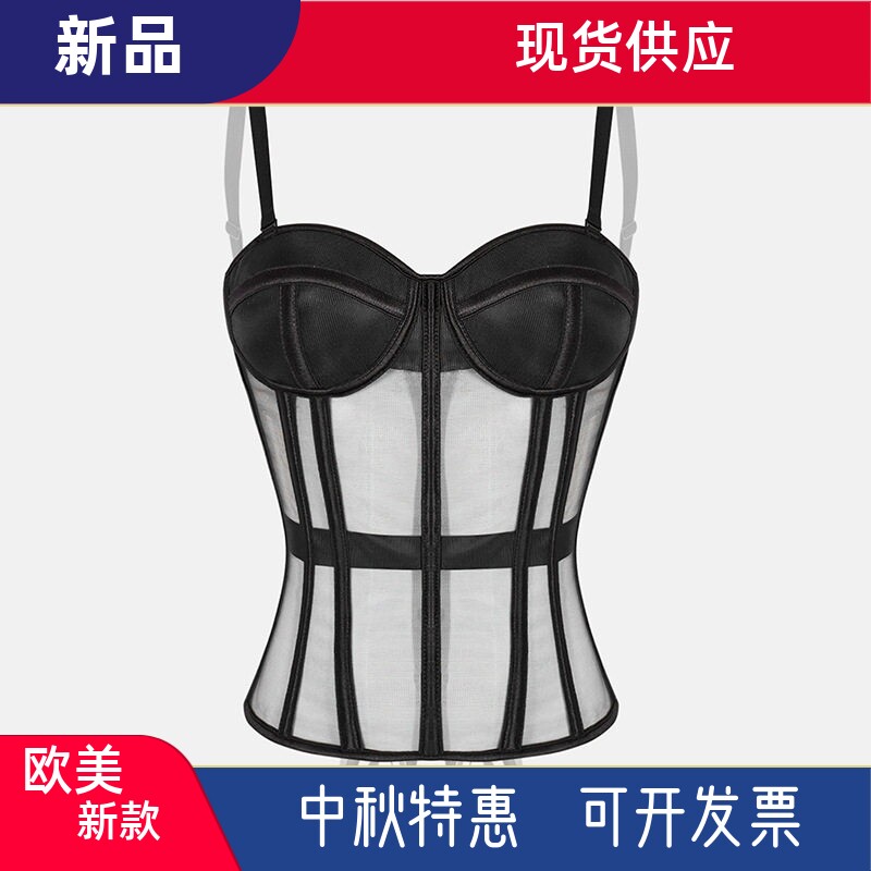 黑色鱼骨无袖抹胸背心女春季内搭修身性感辣妹纯欲带胸垫短款上衣