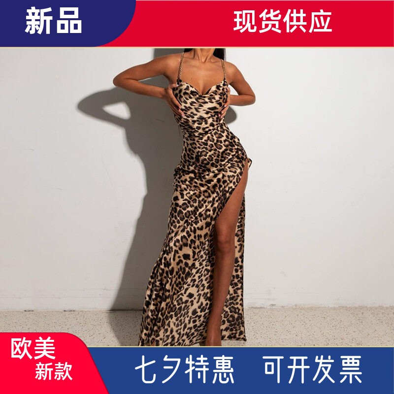 欧美风ins外贸女装时尚夜店性感露背纯欲长款豹纹开叉吊带连衣裙